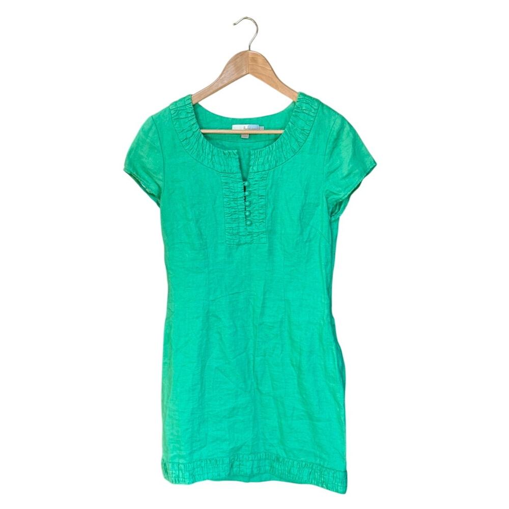 Boden Kelly Green 100% Linen Side Zip Short Sleeve Shift Preppy Dress Sz 6